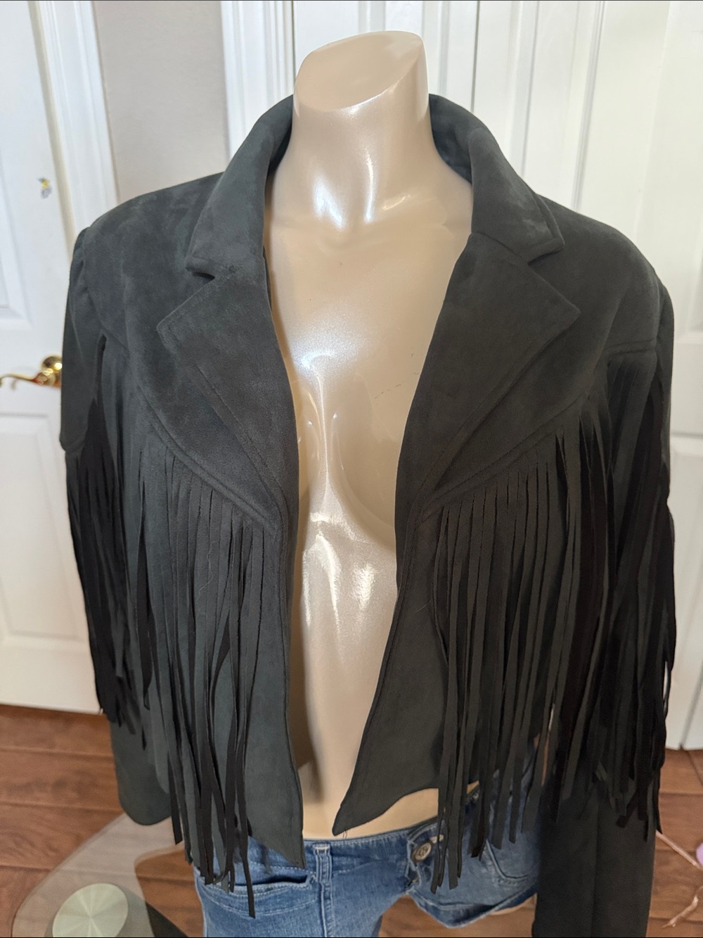 Fringed Suede Jacket in Dark Gray - Women's Leather Style